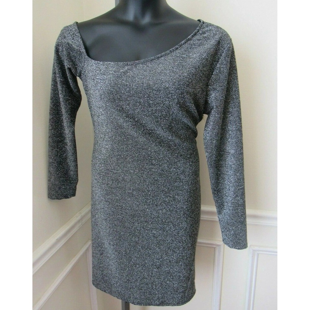 Plus Size Black Silver Sparkle Glitter Solid Midi Cut Out Shoulder Dress 2X NWT
